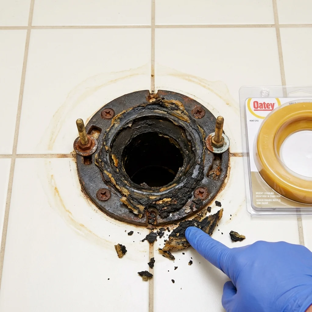Failed wax ring showing water seepage at the base of a toilet in a Williamsport, MD home
