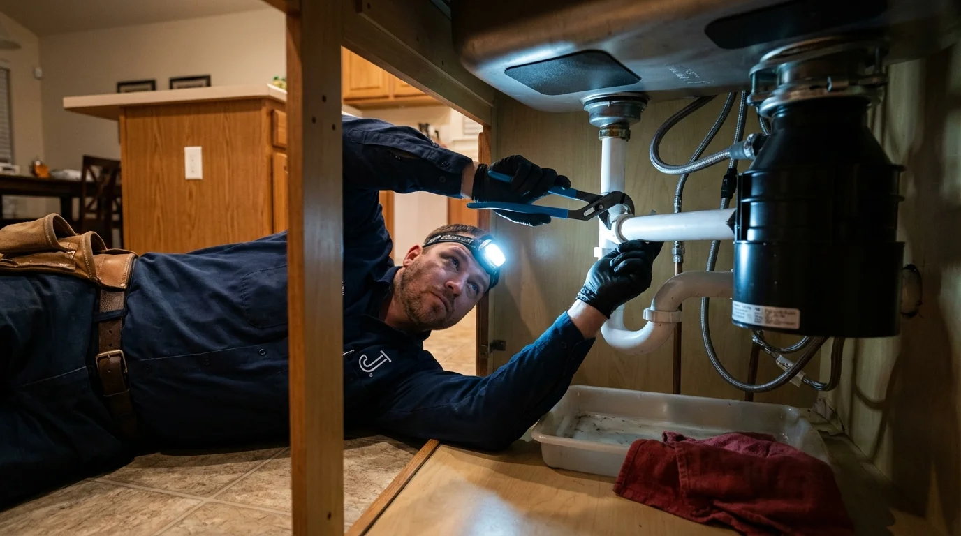 P-trap and supply line connections under a kitchen sink showing a common leak point in Williamsport, MD